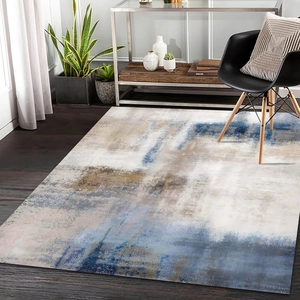 Abstract gradient faux cashmere rug in blue and beige for modern living room decor