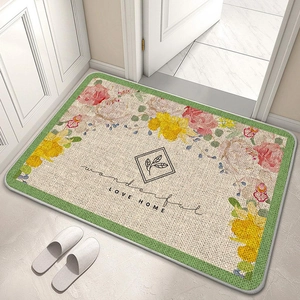 Detail of floral linen bath mat with non-slip texture and wonderful LOVE HOME text
