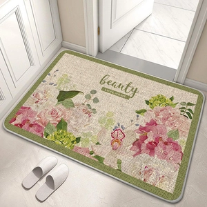 Floral linen diatom mud bath mat with beauty text print and non-slip backing