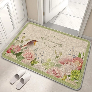Detailed view of floral bath mat with bird pattern and Wonderful Home text on white floor