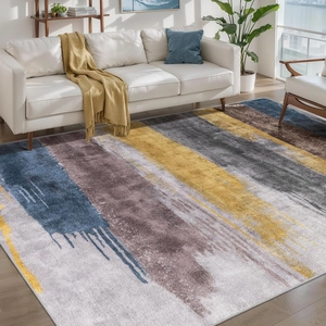Detailed texture of gradient faux cashmere rug with modern yellow and blue abstract art