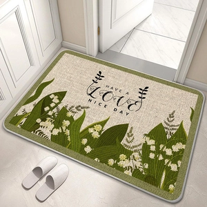 Detailed texture of floral linen floor mat with Have a Nice Day print and green leaves