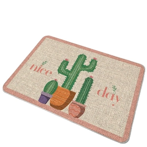 Absorbent floral bathroom mat with cactus pattern and Nice Day text on beige base