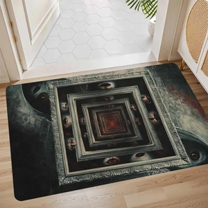 Detail of 3D surreal eye pattern on absorbent anti-slip bathroom mat with rounded corners
