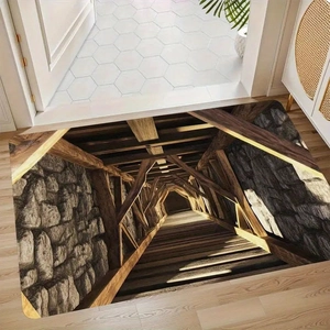3D visual optical illusion hallway mat featuring deep wooden corridor perspective design