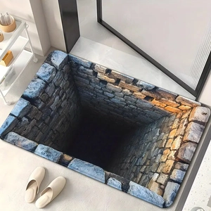 Detail of 3D visual illusion floor mat with brick wall well design and non-slip texture