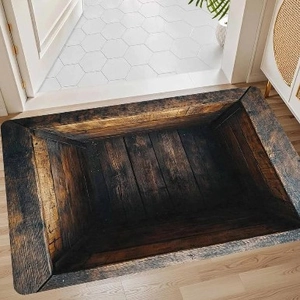 Macro view of 3D illusion floor mat with vintage wood box pattern and anti-slip texture