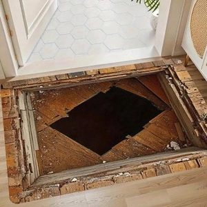 Detailed view of entrance mat with 3D visual trap design showing a deep hole on wood floor