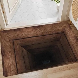Detailed macro view of 3D visual illusion bath mat with deep wooden well optical trap design