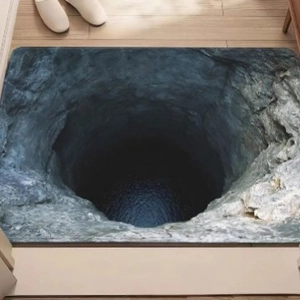 3D visual illusion stone abyss floor mat for home entrance on light wooden floor
