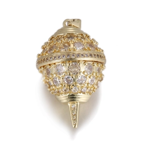Detail of elegant gold-plated egg pendant with micro-set zircons and enamel accents