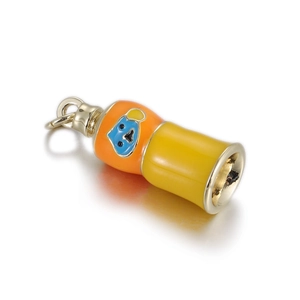 Detailed close-up of a cartoon cat bell pendant with orange enamel and golden ring