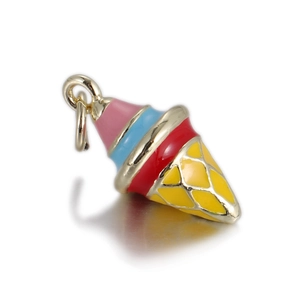 Macro detail of colorful ice cream enamel pendant with golden mesh cone and texture