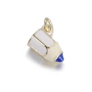 Detailed view of a gold-plated copper pencil pendant with white enamel and blue gem
