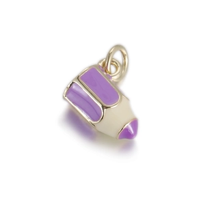 Detail of purple and cream enamel pencil pendant with gold-plated metal ring loop