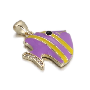 Detailed view of fish pendant with purple and yellow enamel and crystal accents