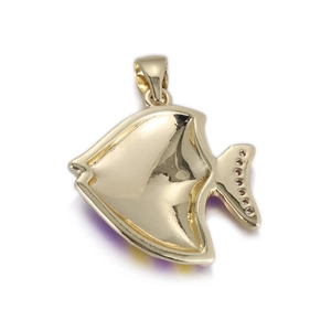 Close-up of polished gold fish pendant with sparkling zircon accents and clasp