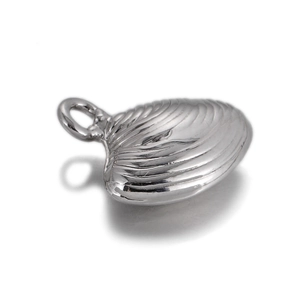 Détail macro d'un pendentif en métal argenté en forme de coquillage avec texture ondulée