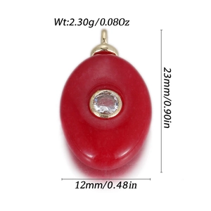 Macro view of red stone pendant with zircon inlay and product size dimensions