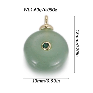 Detail view of green natural stone pendant with gold clasp and dimensions in mm and inches