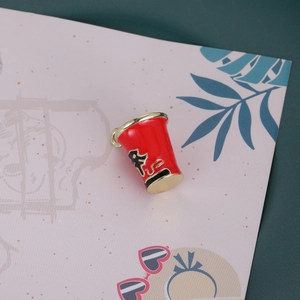 Cute red enamel cup pendant with gold trim and Chinese tea calligraphy for DIY jewelry