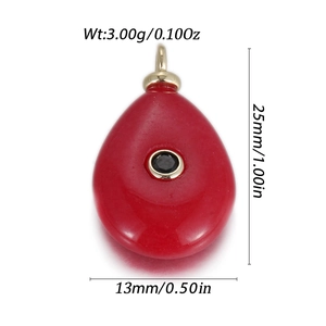Detailed view of red drop pendant with black zircon inlay and dimensions 25x13mm