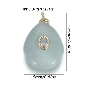 Detail view of a 25mm teardrop natural stone pendant with cubic zirconia and gold plating