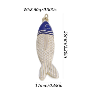 Detailed view of colorful tropical fish pendant showing size 55mm and weight 8.60g