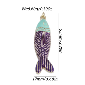 Detail view of colorful fish pendant with measurements showing 55mm height and 8.60g weight