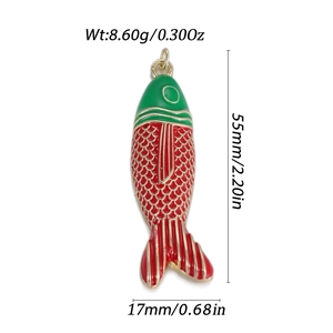 Detailed size view of tropical fish pendant with red and green enamel and dimensions