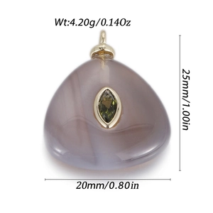 Detailed view of triangle natural stone pendant with green zircon inlay and dimensions