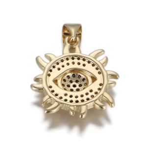 Macro view showing the hollow grid structure of the gold-plated Evil Eye pendant back