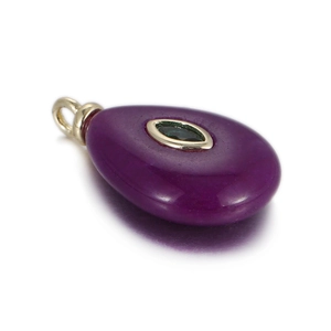 Teardrop pendant with purple stone, gold ring and green crystal inlay detail