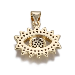 Detailed back view of golden evil eye pendant featuring fine honeycomb cut-outs