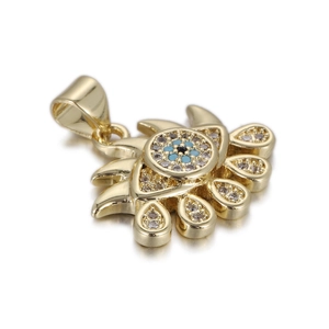 Detailed view of gold evil eye charm with blue center and sparkling zircon teardrops