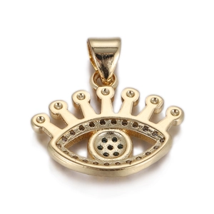 Detailed macro of a gold evil eye crown pendant with micro-inlaid zircon accents