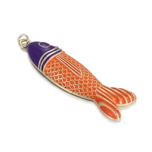 Detailed view of colorful enamel tropical fish pendant with intricate gold scales and fins