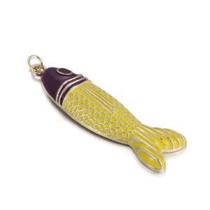Detailed macro view of tropical fish pendant with purple head and yellow scales