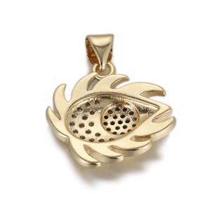 Detail view of the polished gold evil eye pendant back with honeycomb hollow structure