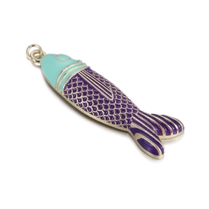 Colorful tropical fish pendant with blue and purple enamel and gold scale patterns