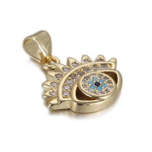 Detailed close-up of golden Evil Eye pendant with zircon stones and blue central eye design