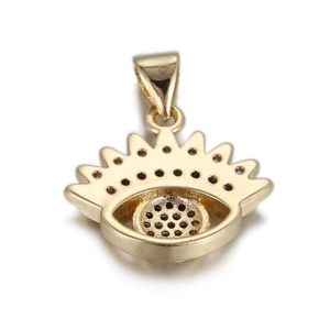 Detailed back view of gold eye pendant showing hollow out metal grid and bail