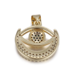 Macro shot of 14k gold plated evil eye pendant with intricate zircon stone base detail