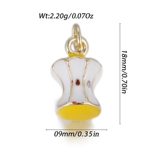 Detail showing an enamel apple core pendant with 18mm x 9mm dimensions and 2.20g weight