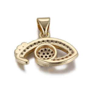 Detailed view of a gold-plated evil eye pendant with intricate openwork and bail