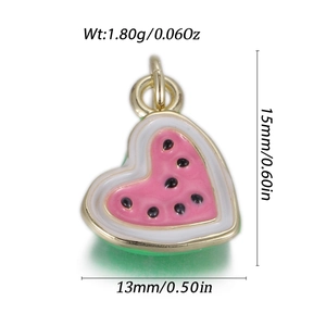 Detail showing dimensions of heart-shaped watermelon enamel charm for jewelry