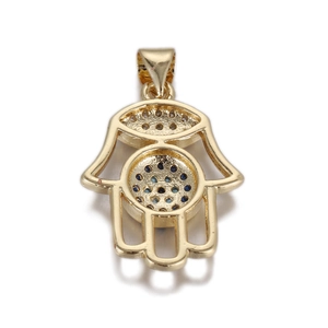 Detailed view of a golden Hamsa hand pendant with blue evil eye rhinestones and wide bail
