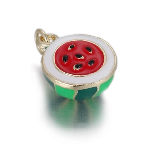 Detail view of 3D enamel watermelon pendant charm with vibrant red and green colors