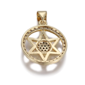 Detailed close-up of a gold-plated circular pendant with a cutout Star of David design