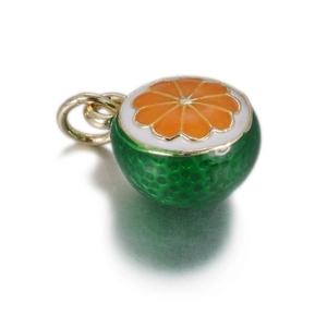 Detail of citrus fruit pendant with green enamel peel and realistic orange segment design